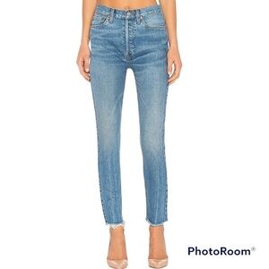 REDONE Stretch High Rise Ankle Crop Jeans in Medium Vain Size 26 Raw Hem